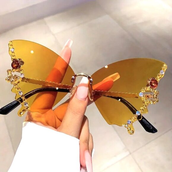 Sunglasses Butterfly Rhinestone Shades Fairy Fantasy Fun Trendy Stylish Yellow - Picture 1 of 2